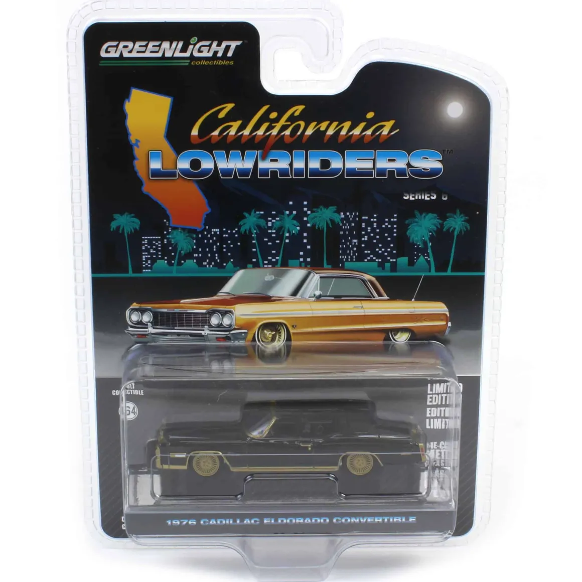 1/64 1976 Cadillac Eldorado Convertible, Black & Gold, California Lowriders Series 6
