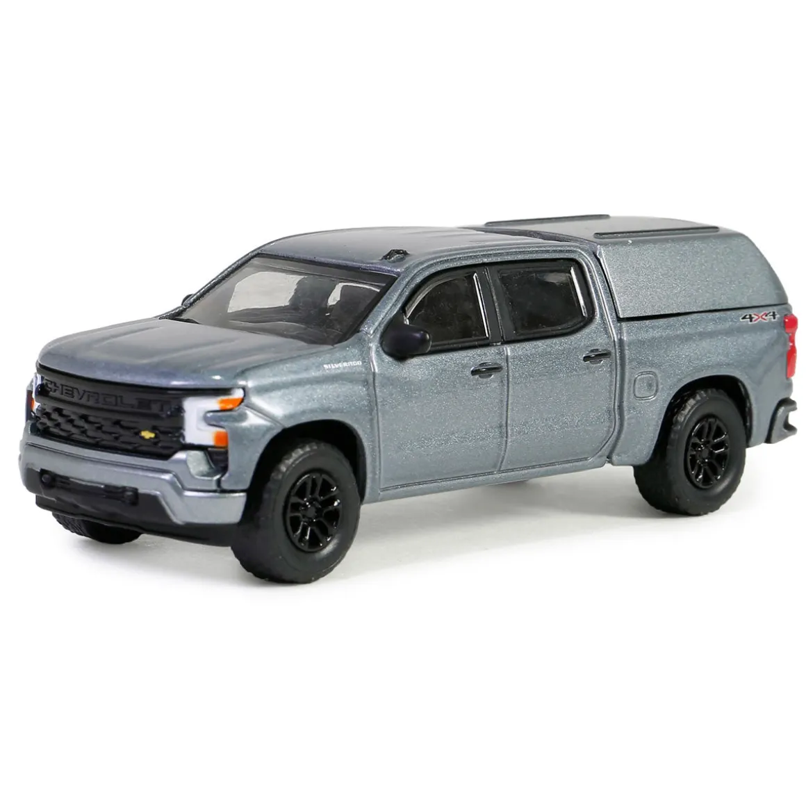 1/64 2023 Chevrolet Silverado 1500 Custom with Camper Shell, Sterling Gray, Blue Collar Series 13