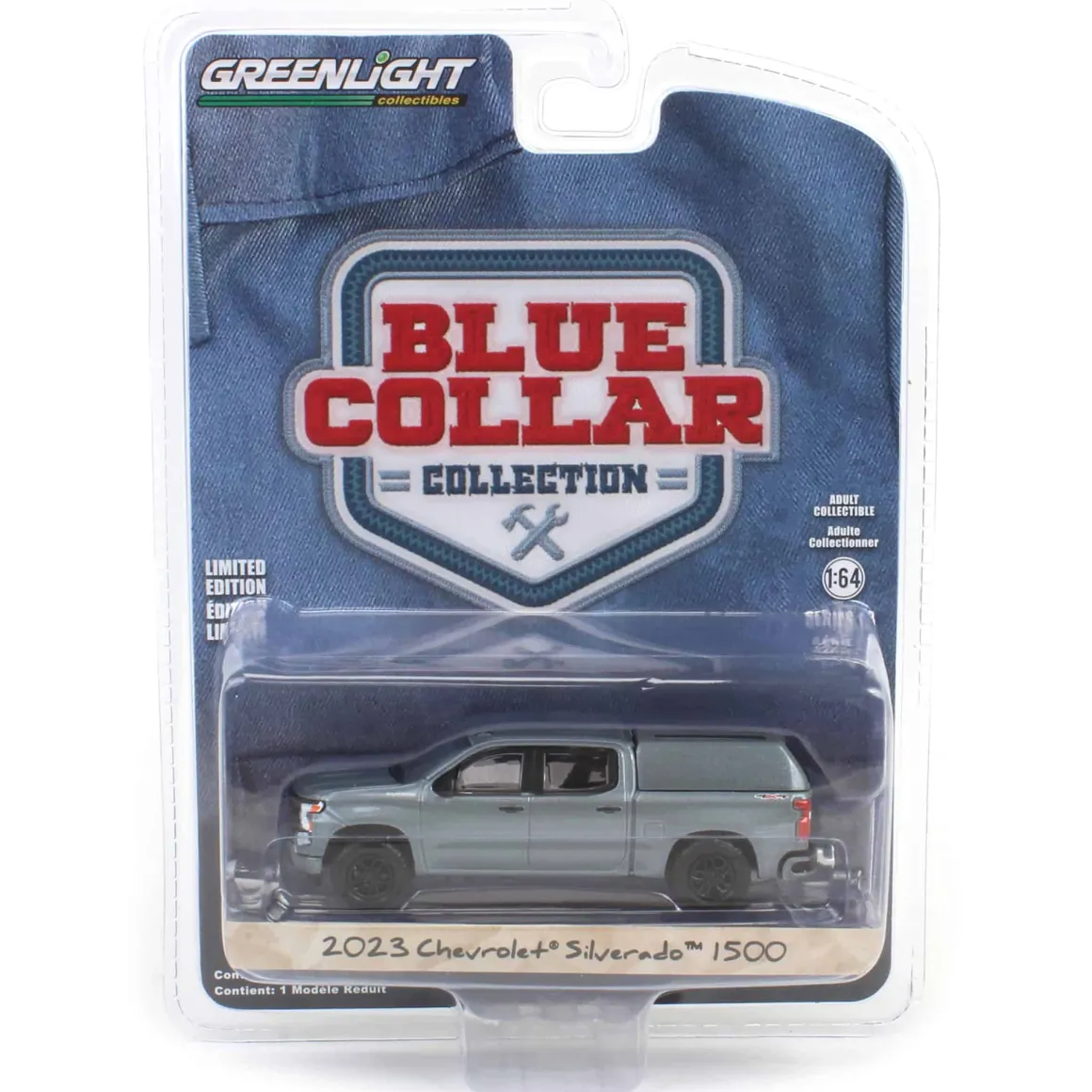 1/64 2023 Chevrolet Silverado 1500 Custom with Camper Shell, Sterling Gray, Blue Collar Series 13