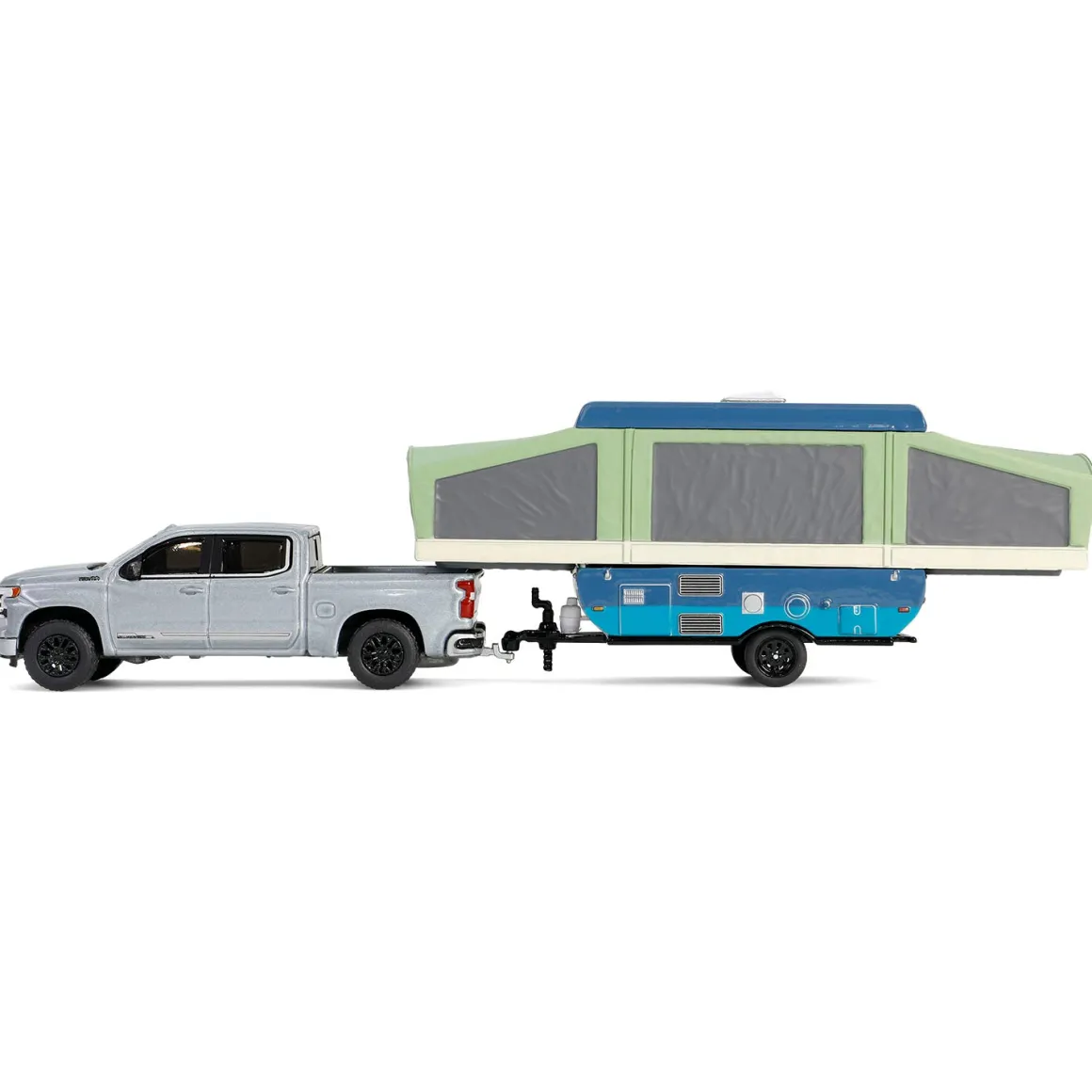 1/64 2024 Chevrolet Silverado High Country with Pop-Up Camper, Sterling Gray, Hitch & Tow Series 32