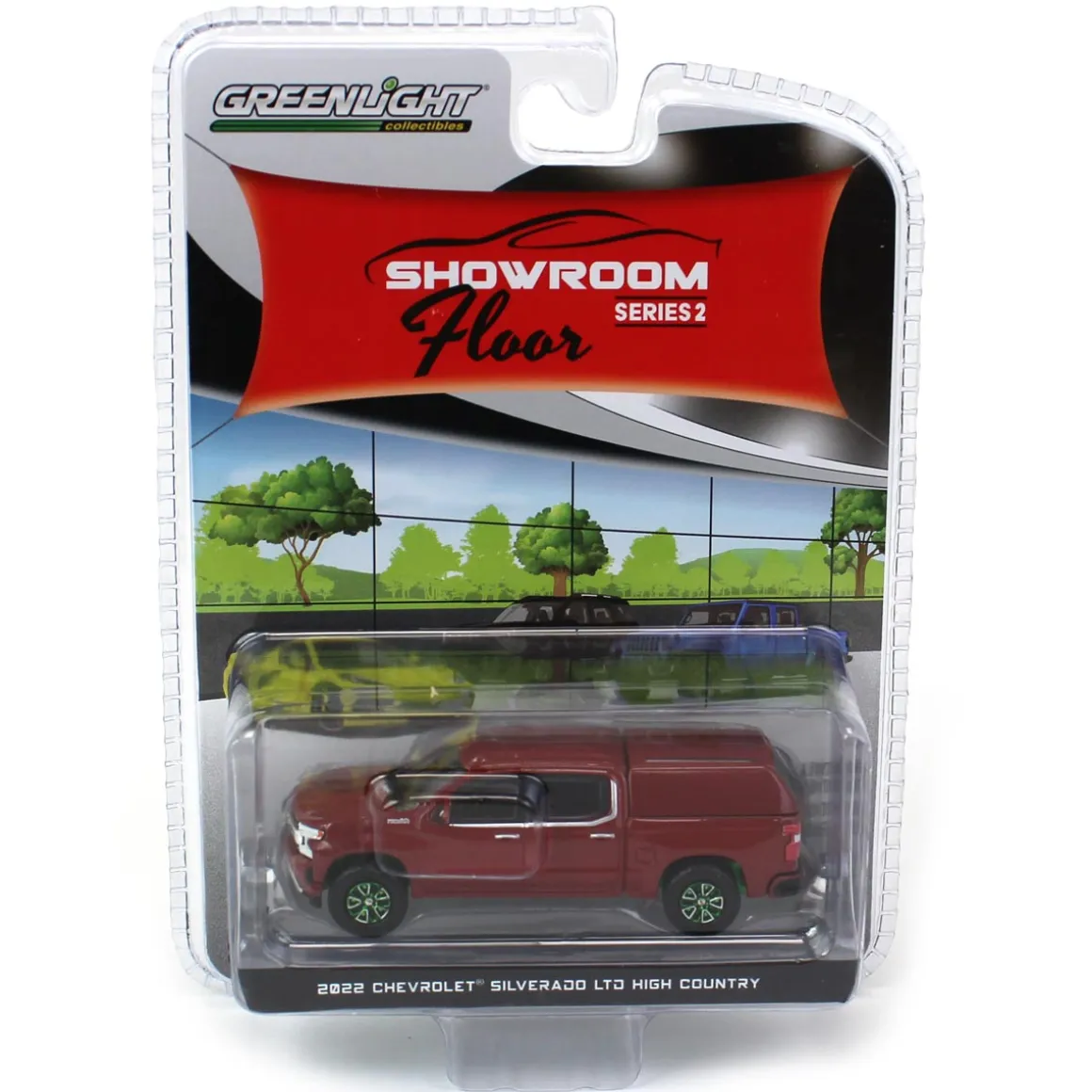 1/64 '22 Chevrolet Silverado LTD High Country w/ Camper Shell, Cherry Red, Showroom Floor Series 2 - Green Machine