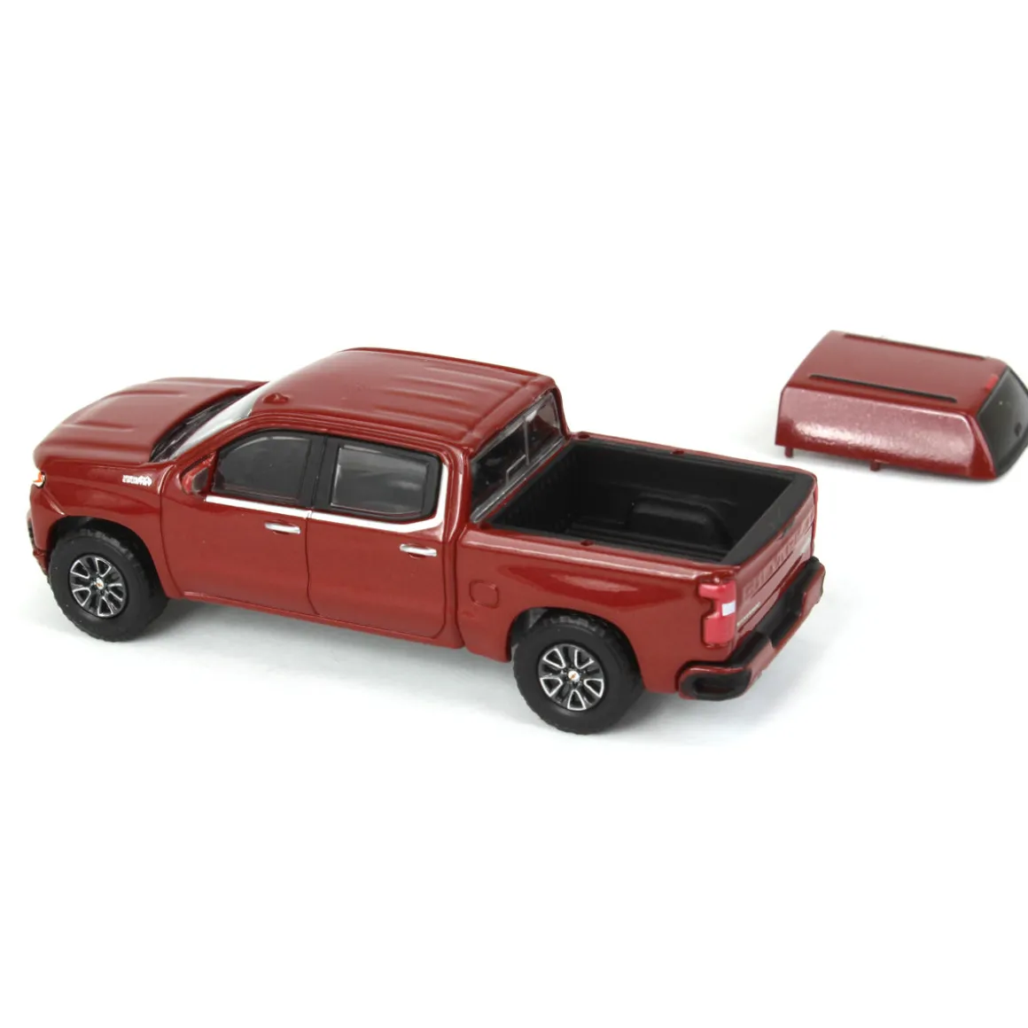 1/64 2022 Chevrolet Silverado LTD High Country with Camper Shell, Cherry Red, Showroom Floor Series 2