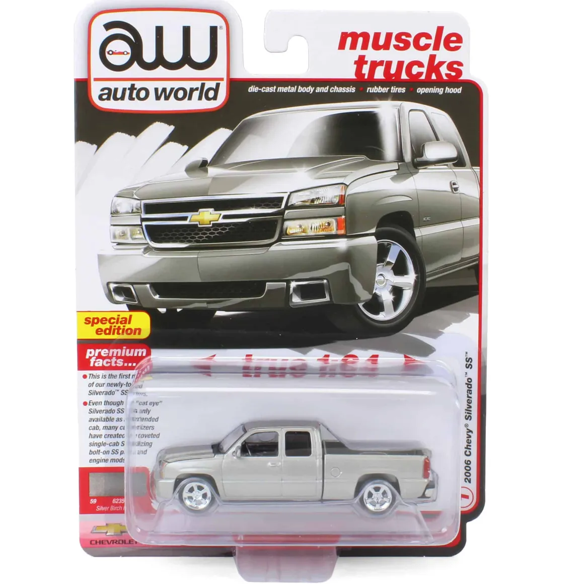 1/64 2006 Chevrolet Silverado SS Extended Cab Fleetside Pickup Truck, Silver, Auto World