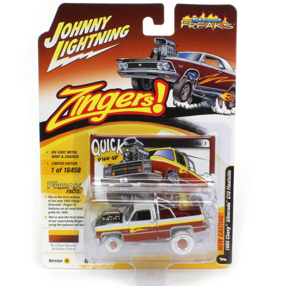 1/64 1985 Chevrolet Silverado, Sunset Yellow, Zinger, Johnny Lightning - White Lightning Chase