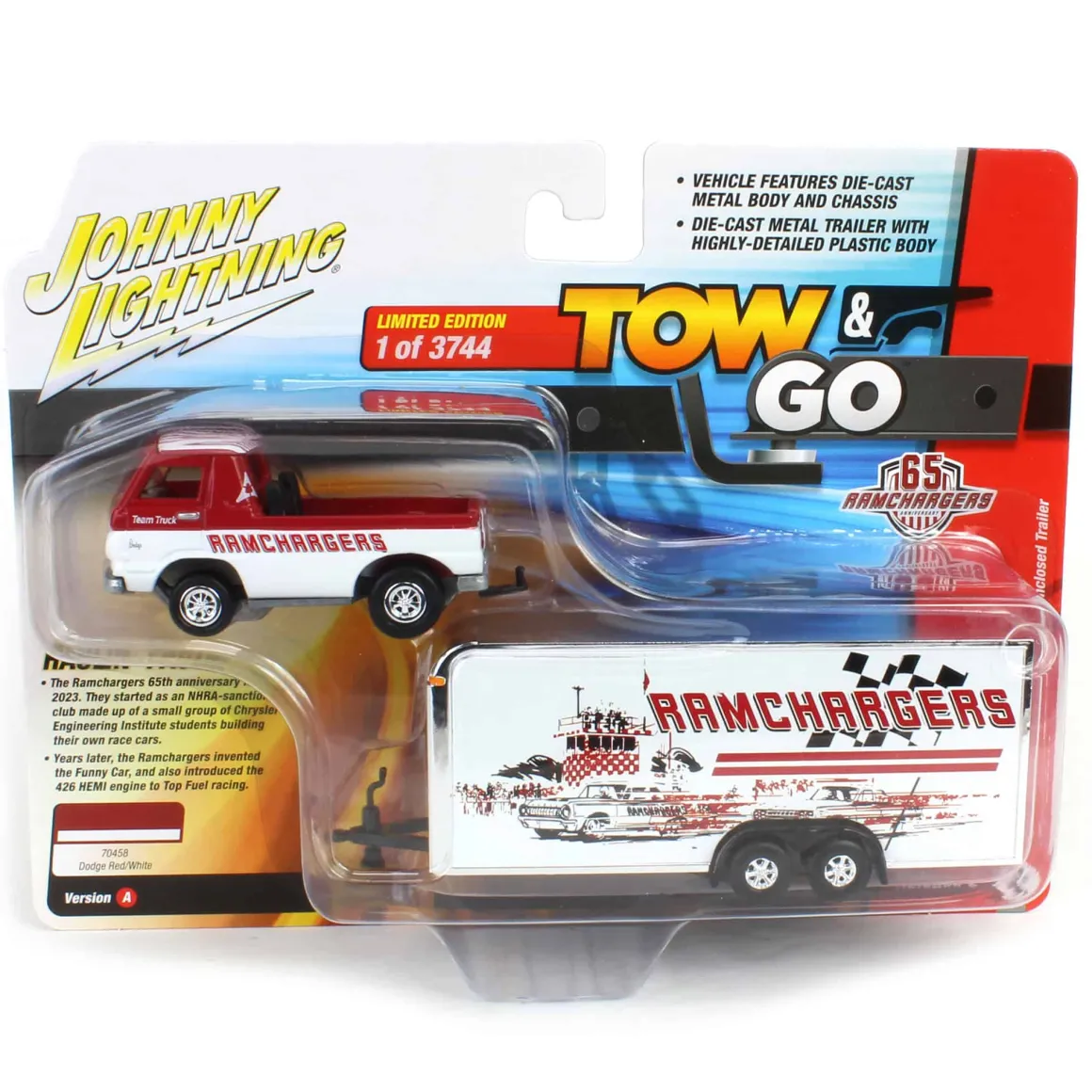 1/64 1965 Dodge A-100 Pickup with Enclosed Trailer, Ramchargers, Johnny Lightning Tow & Go