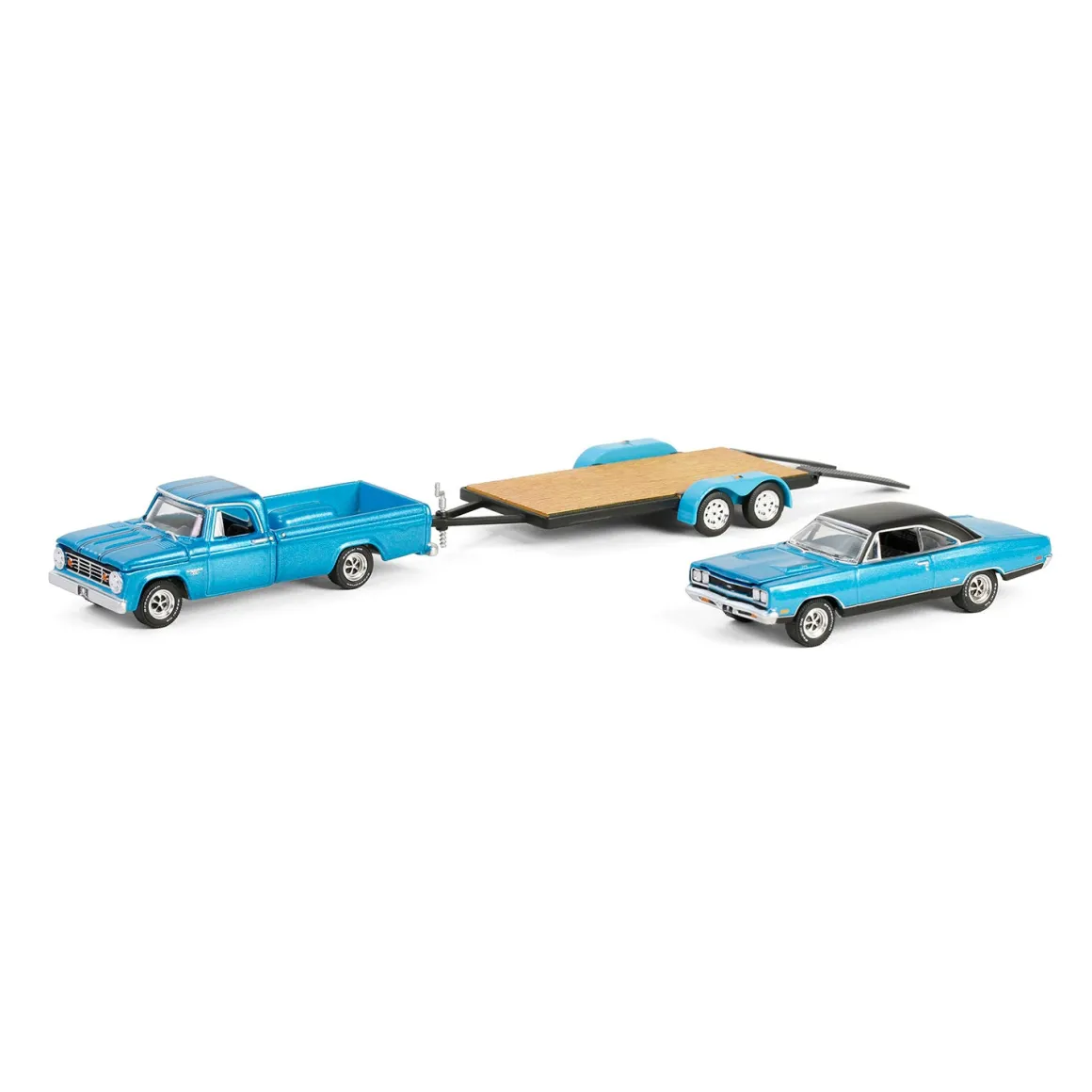 1/64 1967 Dodge D-200 with Flatbed Trailer & 1969 Plymouth GTX, Graveyard Carz, Hollywood Hitch & Tow Series 13