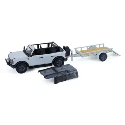 1/64 2021 Ford Bronco 4-Door Badlands, Cactus Grey with Utility Trailer & Motorcycle, Hitch & Tow Series 33