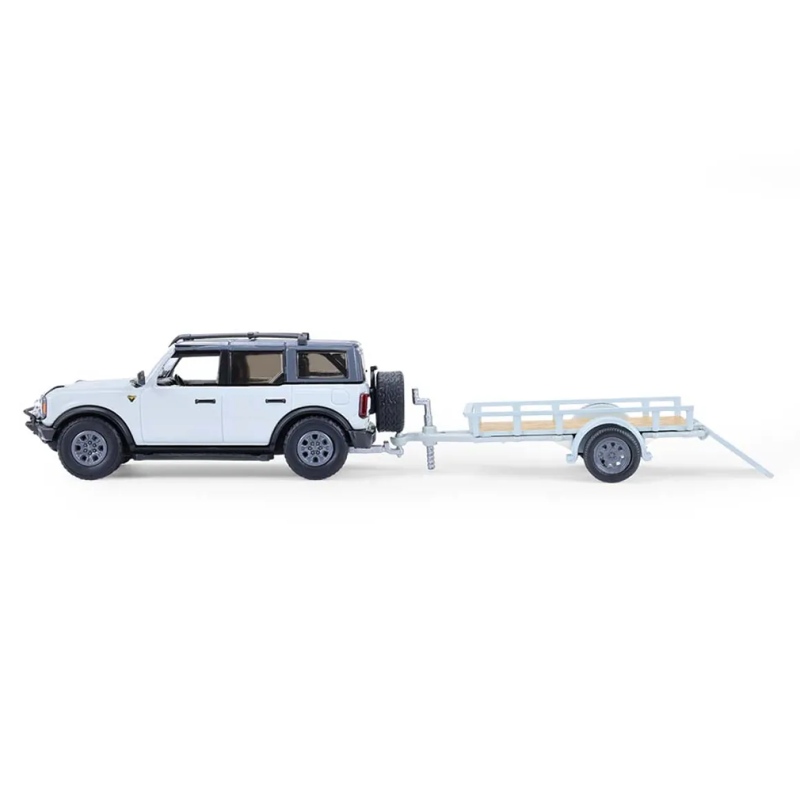1/64 2021 Ford Bronco 4-Door Badlands, Cactus Grey with Utility Trailer & Motorcycle, Hitch & Tow Series 33