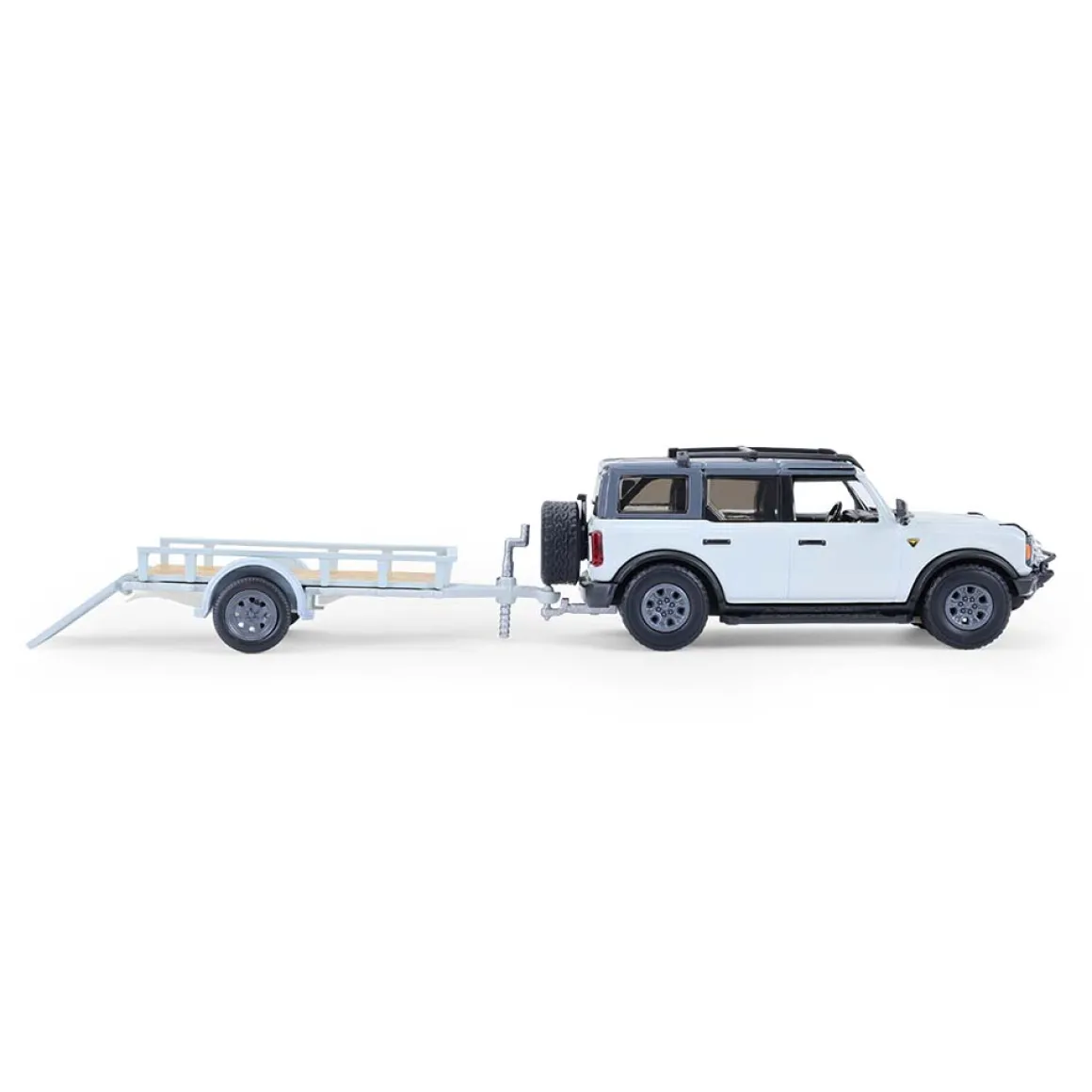1/64 2021 Ford Bronco 4-Door Badlands, Cactus Grey with Utility Trailer & Motorcycle, Hitch & Tow Series 33