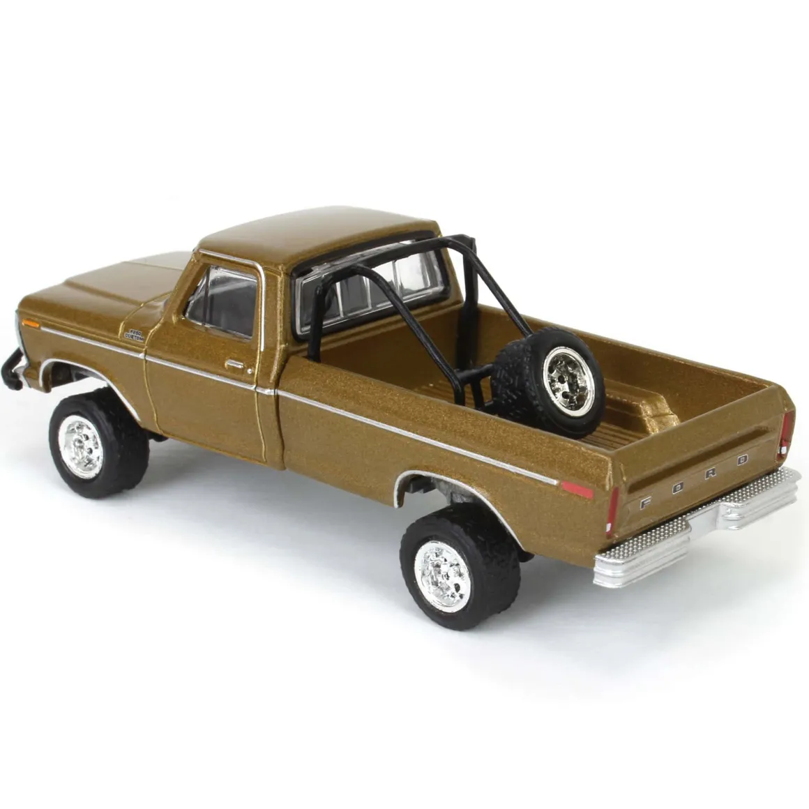 1/64 1979 Ford F250 Ranger Lifted with Rollbar Mounted Spare Tire, Gold Metallic, All-Terrain Series 16