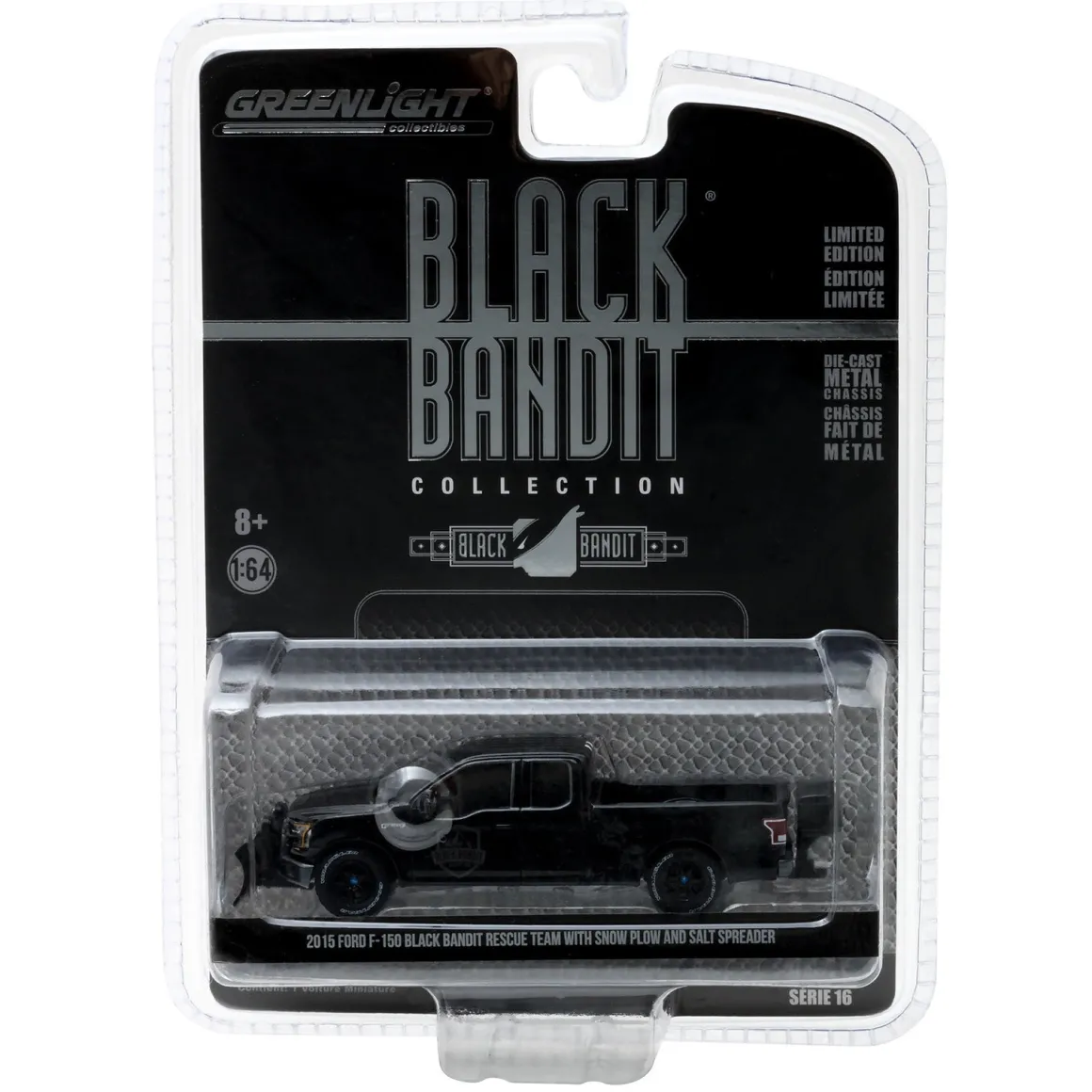 1/64 2015 Ford F-150 with Blade and Spreader Black Bandit Pickup Truck, series 16 by Greenlight