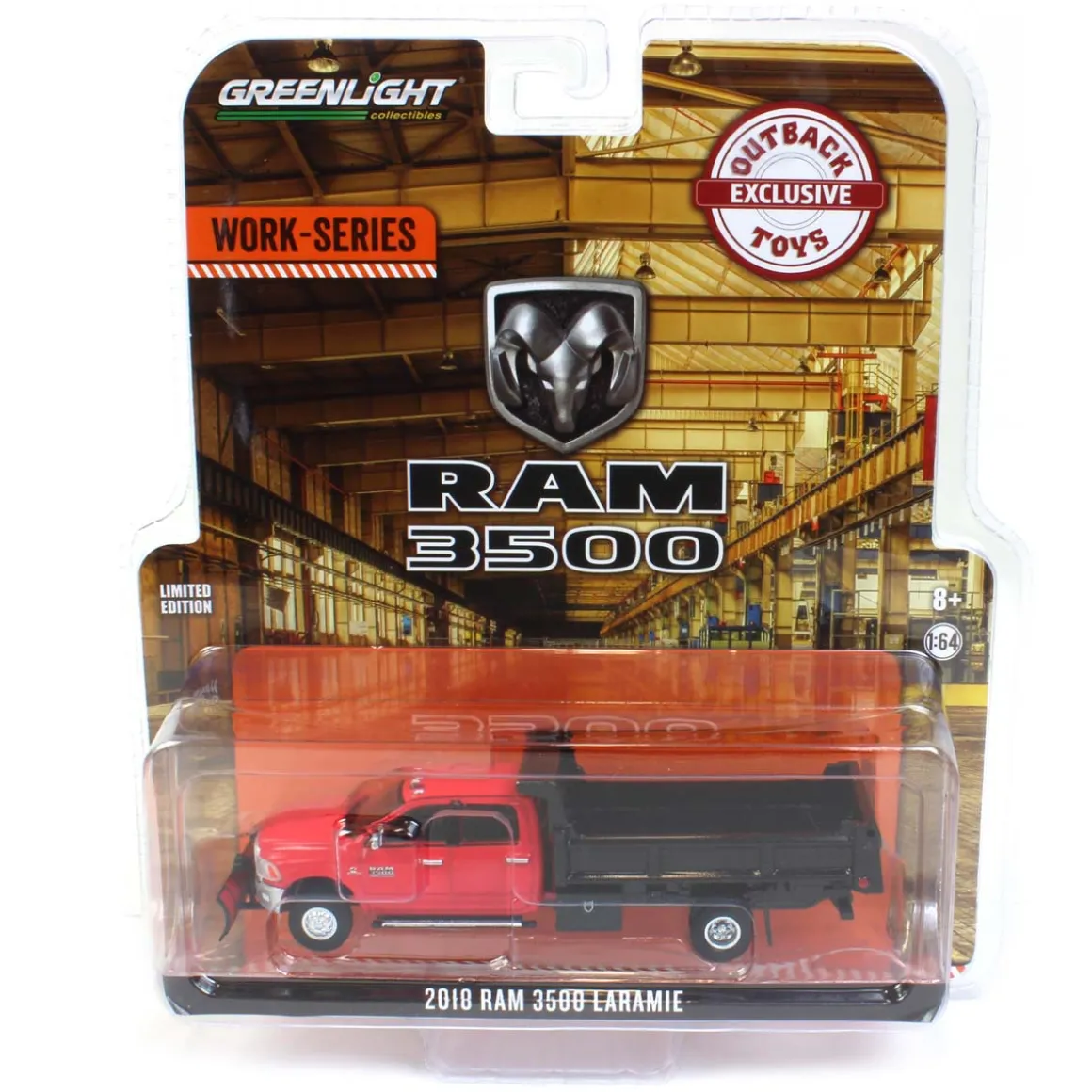 1/64 2018 Ram 3500 Dually, Red with Black Dump Bed & Plow, Outback Toys Exclusive