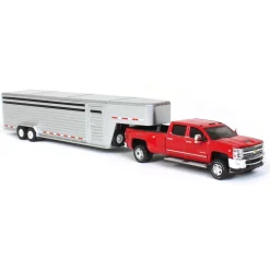 1/64 2018 Silverado 3500 HD, Red Hot w/ Silver Metallic Gooseneck Livestock Trailer