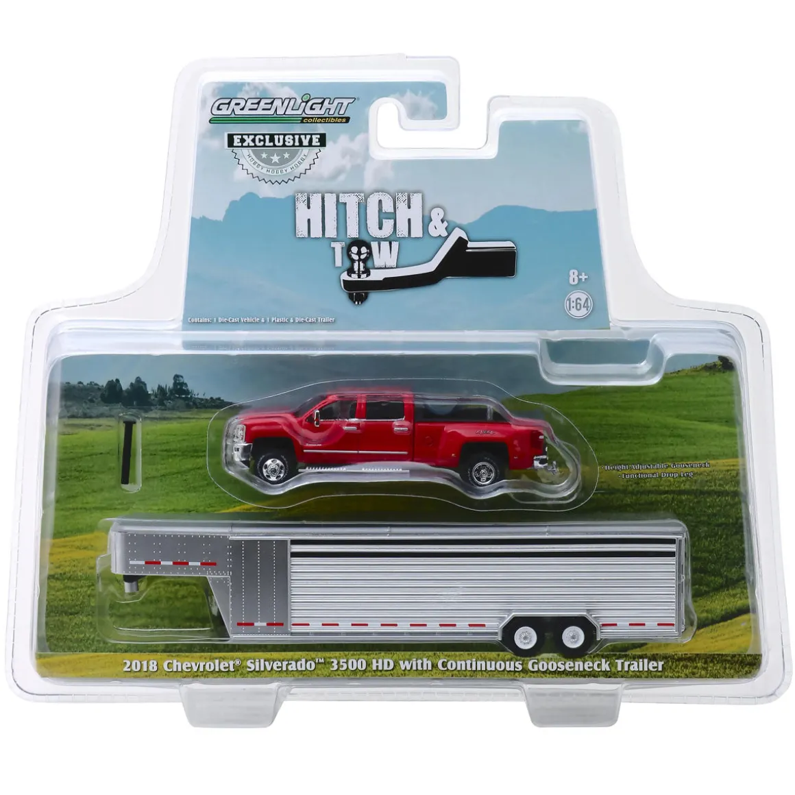 1/64 2018 Silverado 3500 HD, Red Hot w/ Silver Metallic Gooseneck Livestock Trailer