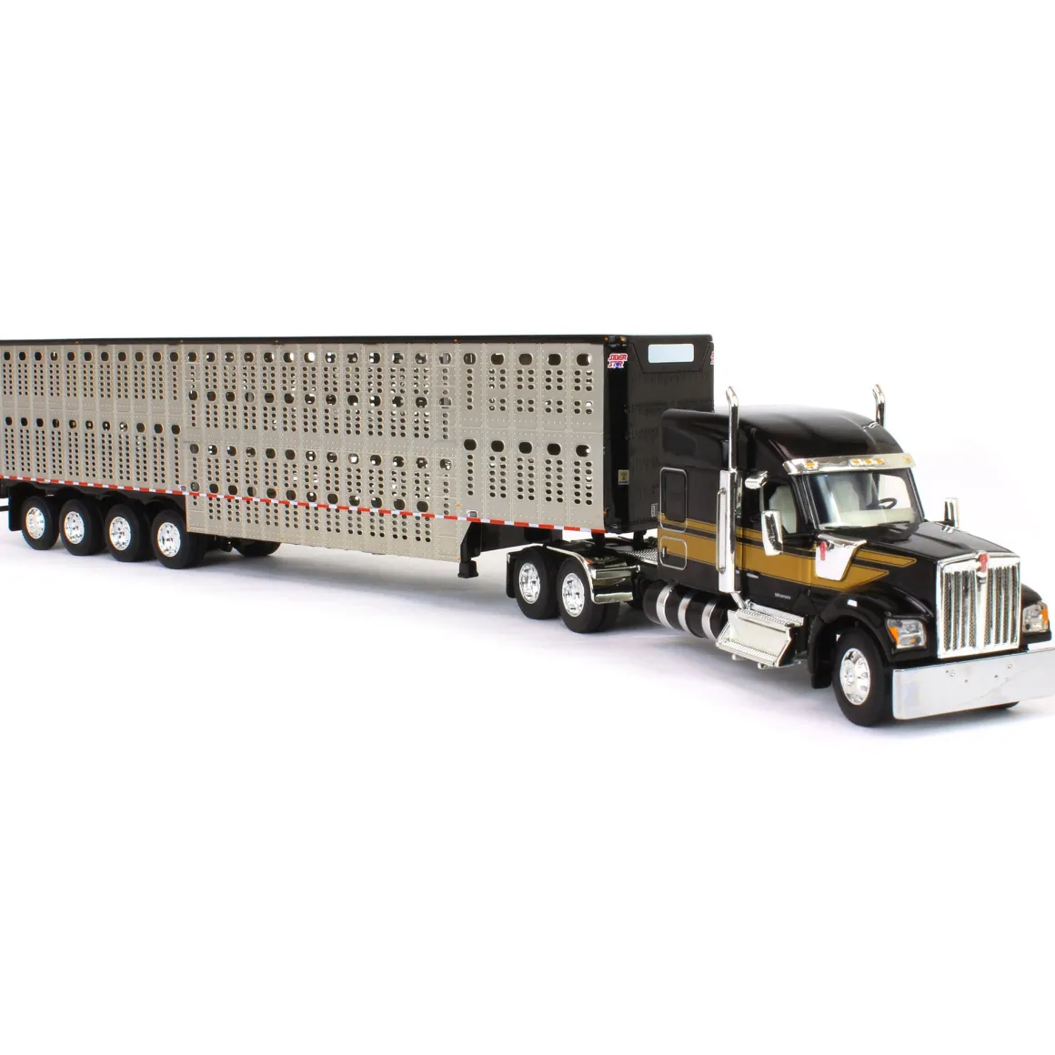 1/64 Black & Gold Kenworth W990 with Wilson Silverstar Livestock Trailer, DCP by First Gear