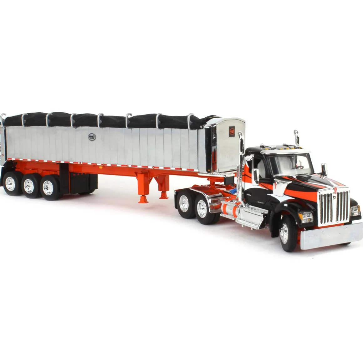 1/64 Black & Orange Kenworth W990 with Chrome MAC Coal End Dump Trailer, DCP by First Gear