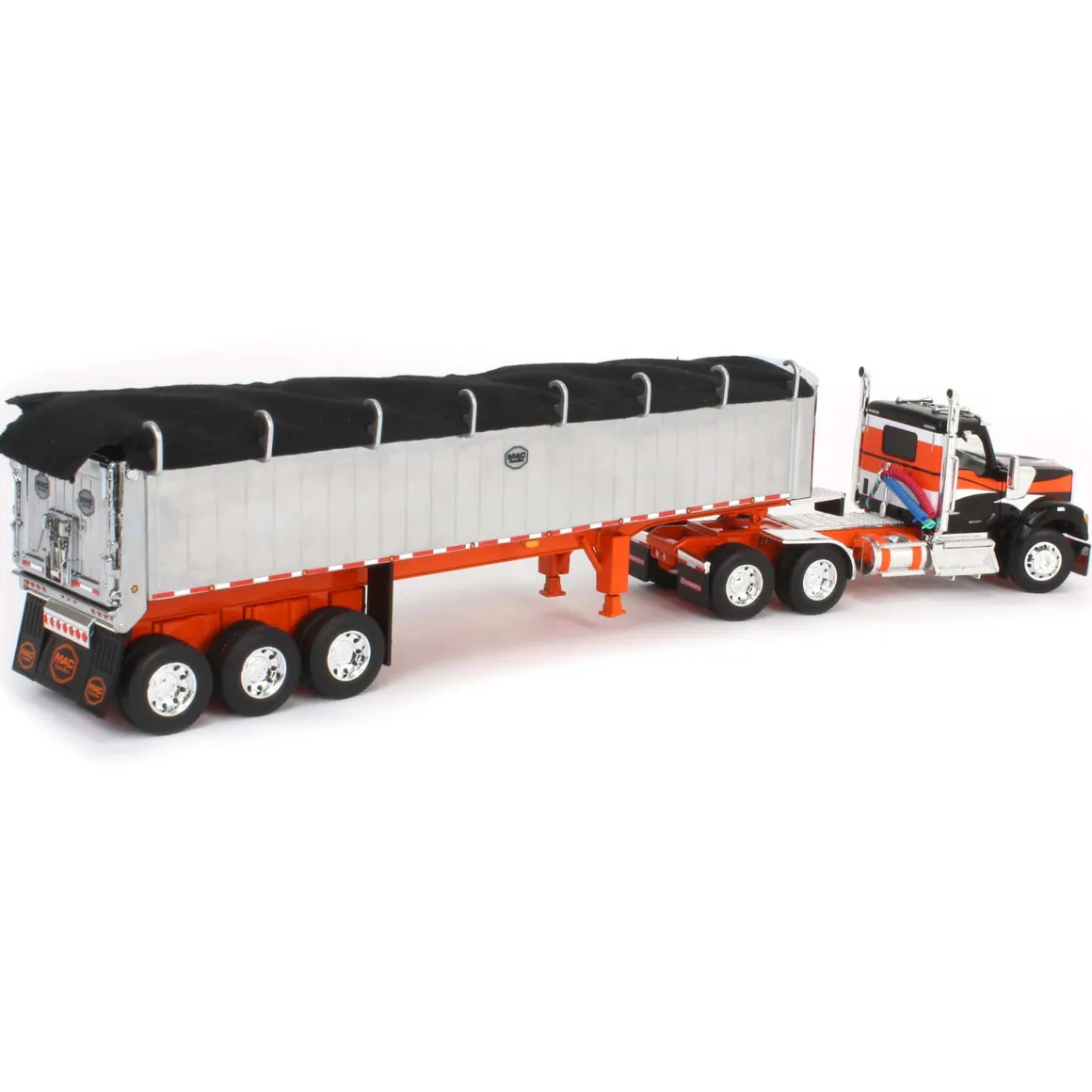 1/64 Black & Orange Kenworth W990 with Chrome MAC Coal End Dump Trailer, DCP by First Gear