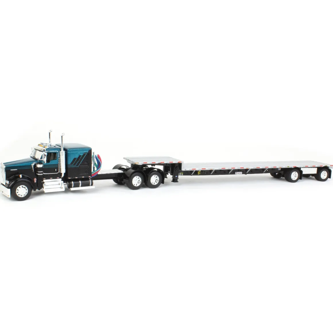 1/64 Black & Teal Kenworth W900L Long Frame with Transcraft Stepdeck Trailer, DCP by First Gear