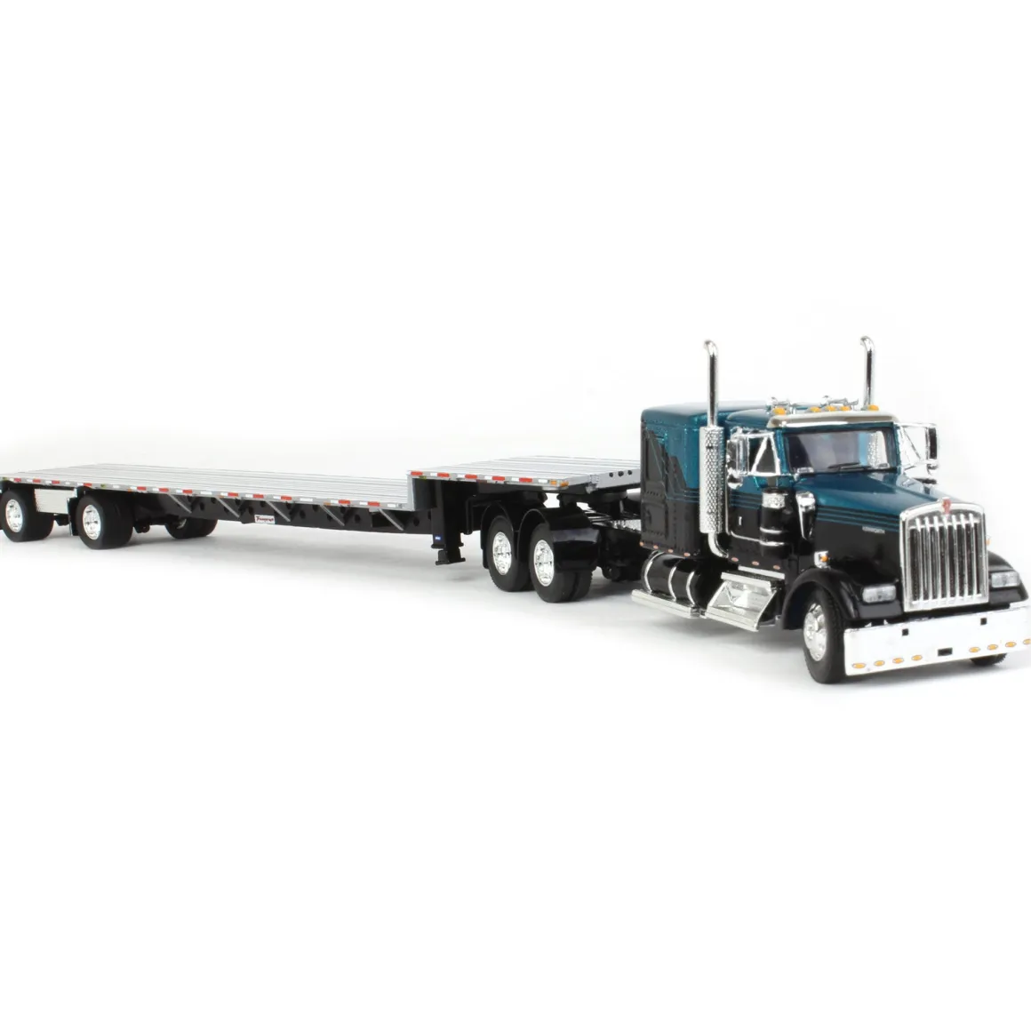 1/64 Black & Teal Kenworth W900L Long Frame with Transcraft Stepdeck Trailer, DCP by First Gear
