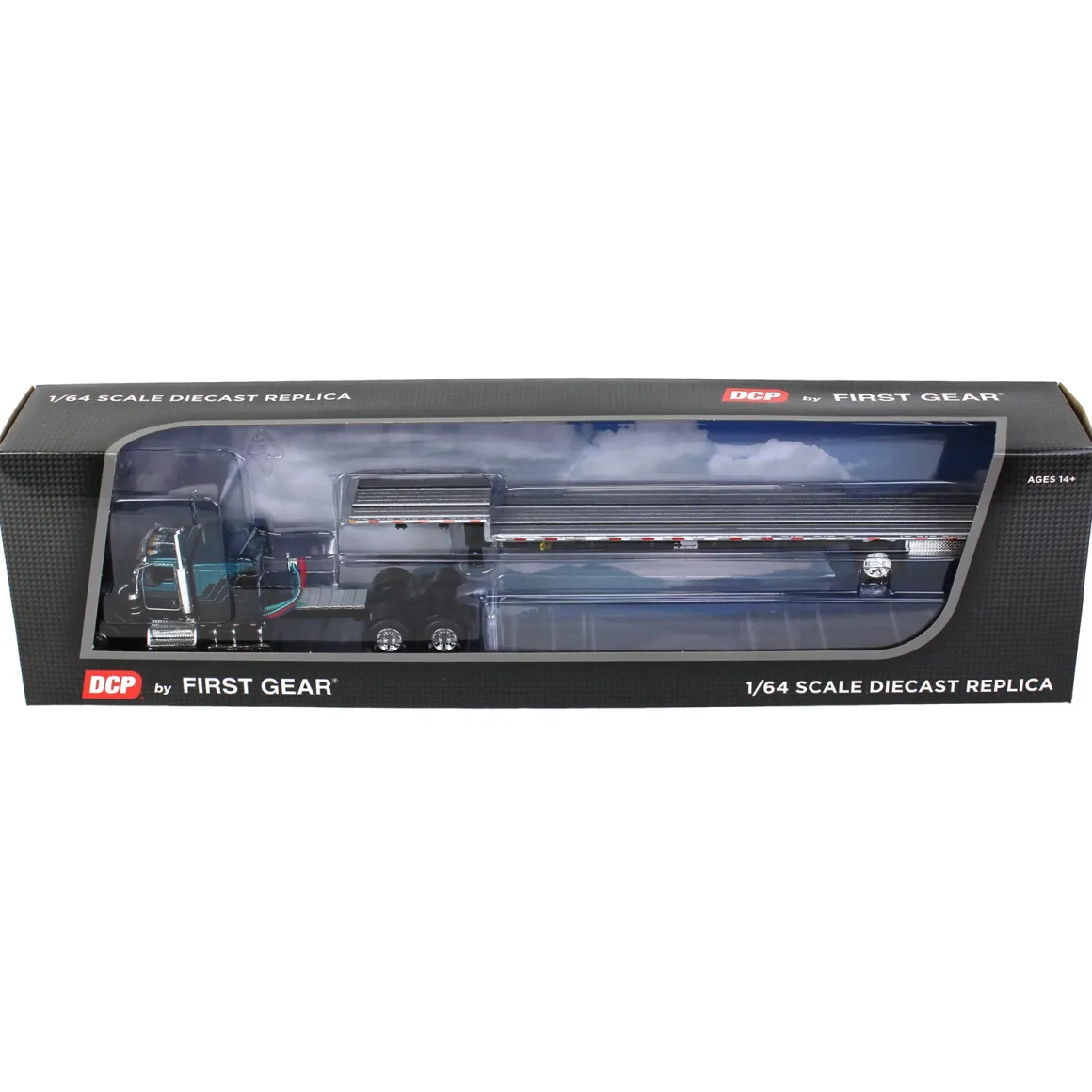 1/64 Black & Teal Kenworth W900L Long Frame with Transcraft Stepdeck Trailer, DCP by First Gear