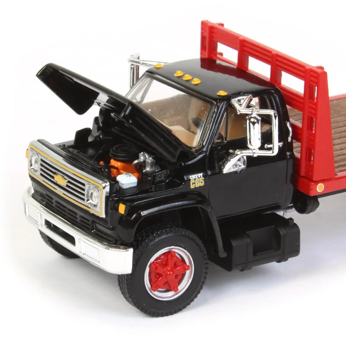 1/64 Black Chevy C65 Single Axle Truck with Red Flatbed, DCP by First Gear