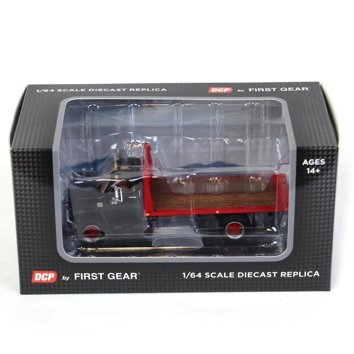 1/64 Black Chevy C65 Single Axle Truck with Red Flatbed, DCP by First Gear