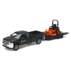 1/32 Black Chevy Pickup with Flatbed Trailer and Kubota Z700 Lawn Mower