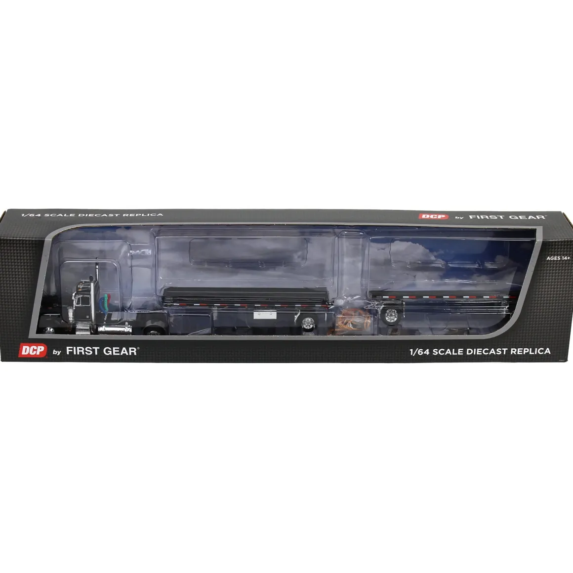 1/64 Black Peterbilt 379 with 28.5ft Utility Tandem Flatbed Trailers, DCP by First Gear
