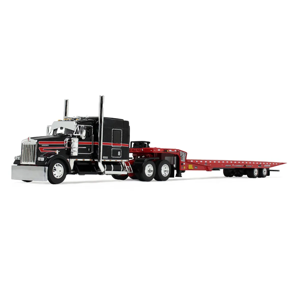 1/64 Black/Red Kenworth W900L with Landoll 440B-50CA Traveling Axle Trailer, DCP by First Gear