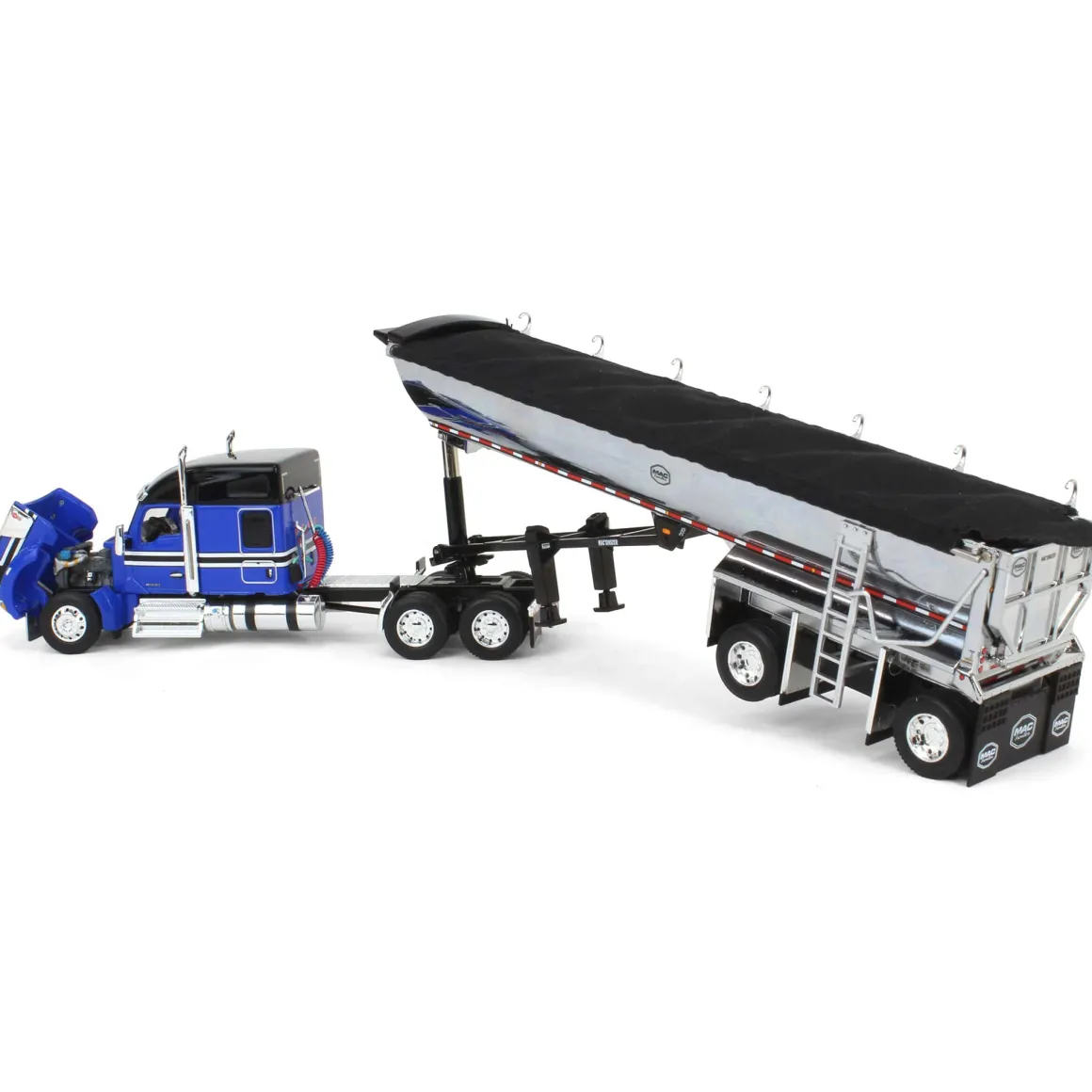 1/64 Blue & Black Kenworth W990 with Chrome MAC End Dump Trailer, DCP by First Gear