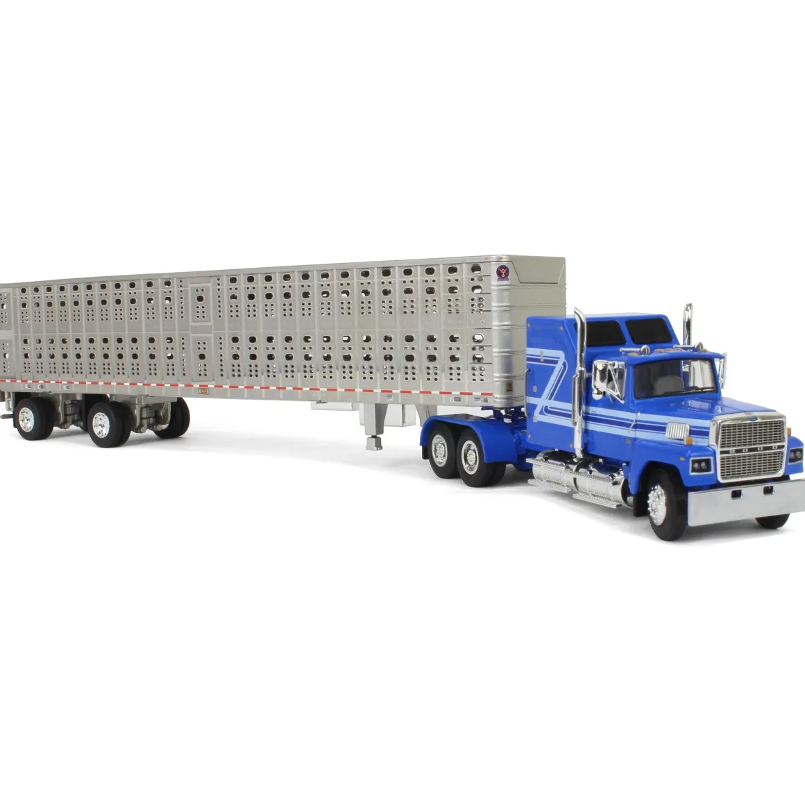 1/64 Blue Ford LTL 9000 60in Aerodyne Sleeper with Wilson Stockmaster PSAL Livestock Trailer, DCP by First Gear