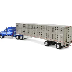 1/64 Blue Ford LTL 9000 60in Aerodyne Sleeper with Wilson Stockmaster PSAL Livestock Trailer, DCP by First Gear
