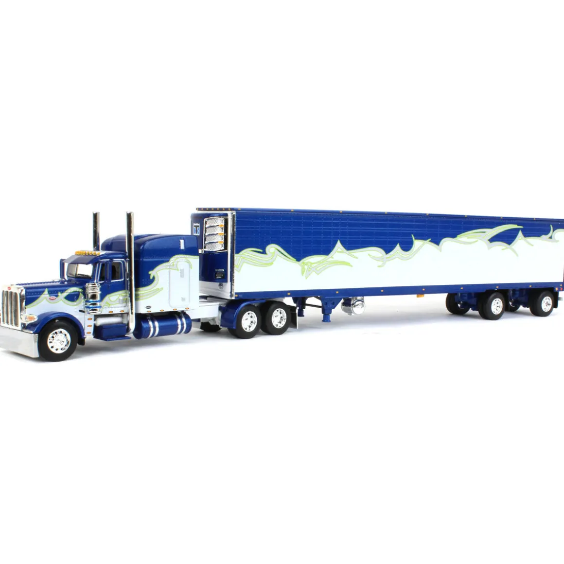 1/64 Blue, Silver & Lime Peterbilt 389 w/ Utility Ribbed Spread-Axle Reefer, DCP by First Gear