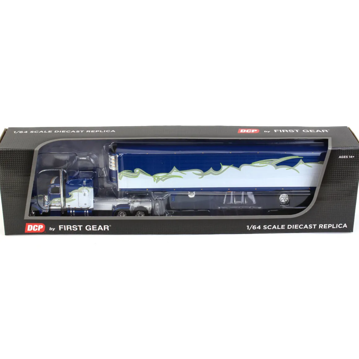 1/64 Blue, Silver & Lime Peterbilt 389 w/ Utility Ribbed Spread-Axle Reefer, DCP by First Gear