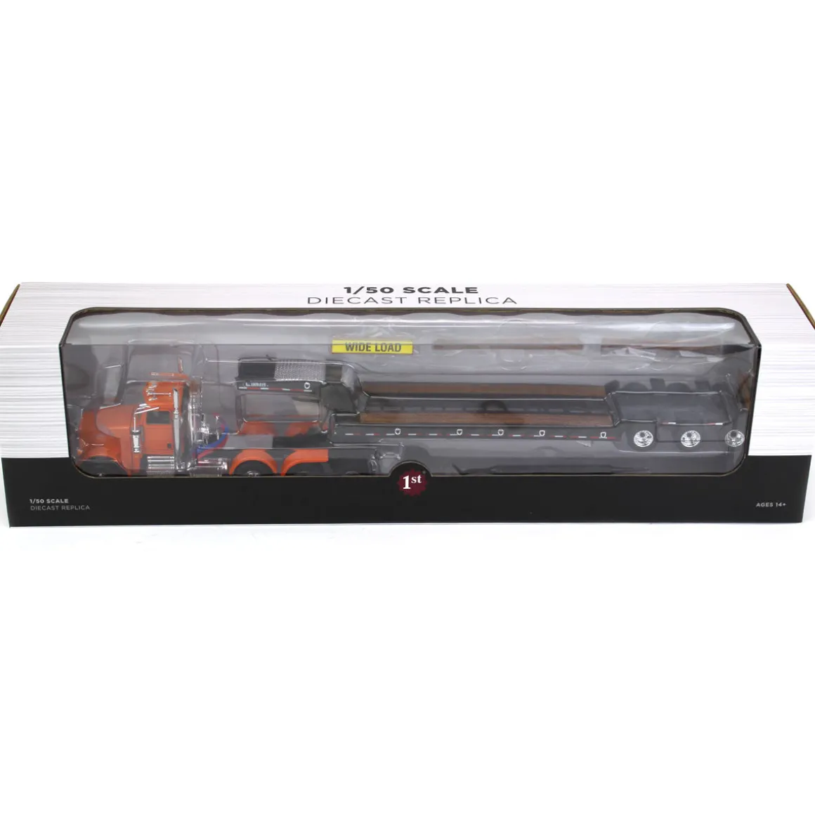 1/50 Bright Orange Peterbilt 367 Day Cab w/ Talbert 55SA Lowboy by First Gear