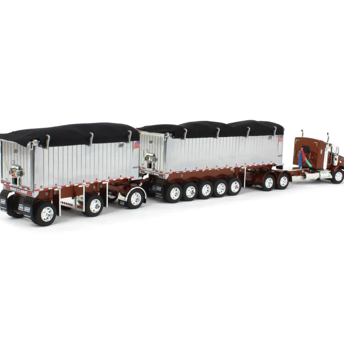1/64 Bronze/Chrome Kenworth T800 w/ Chrome East Genesis II End Dump Trailers, DCP by First Gear