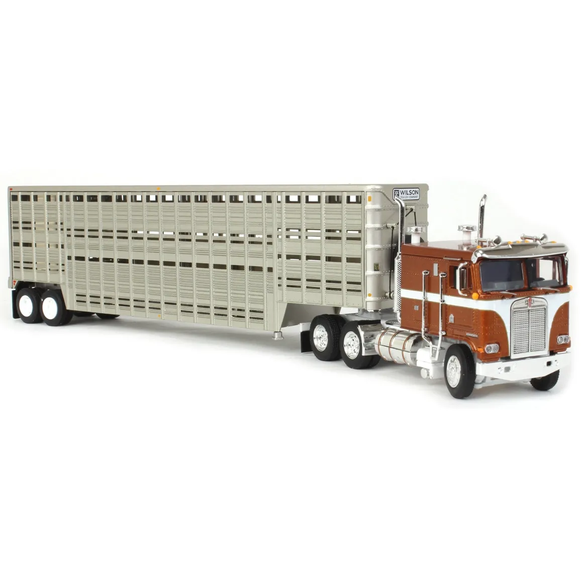 1/64 Brown Kenworth K100 COE Flattop with 45ft Wilson Vintage Livestock Trailer, DCP by First Gear