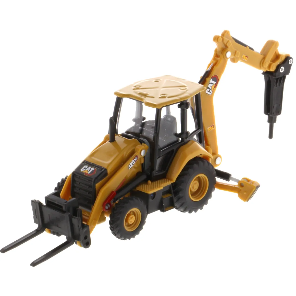1/64 Caterpillar 420 XE Backhoe Loader with Auger, Forks, Handling Arm & Hammer