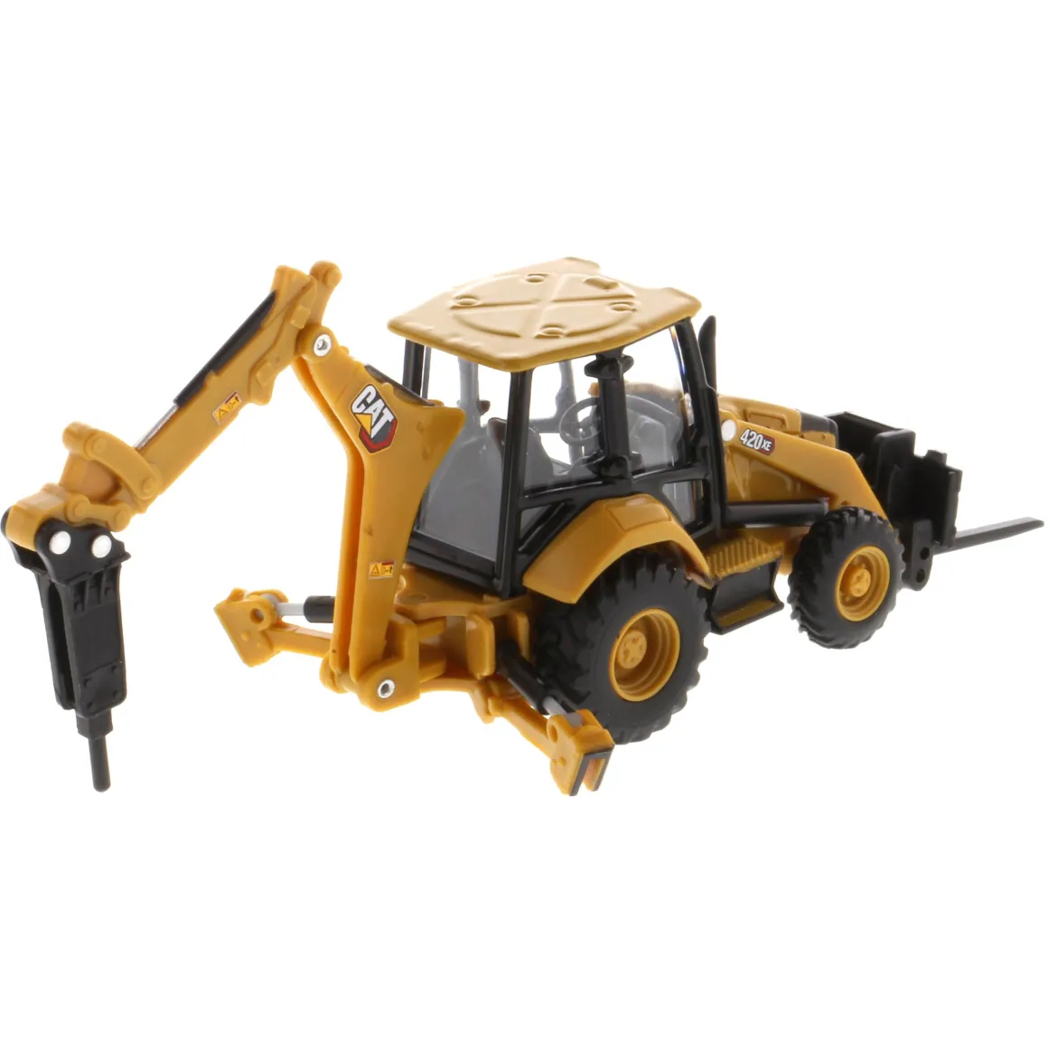 1/64 Caterpillar 420 XE Backhoe Loader with Auger, Forks, Handling Arm & Hammer