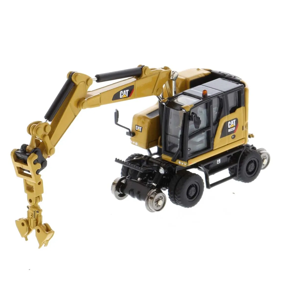 1/87 Caterpillar M323F Railroad Wheeled Excavator, CAT Yellow Version with 3 Tools