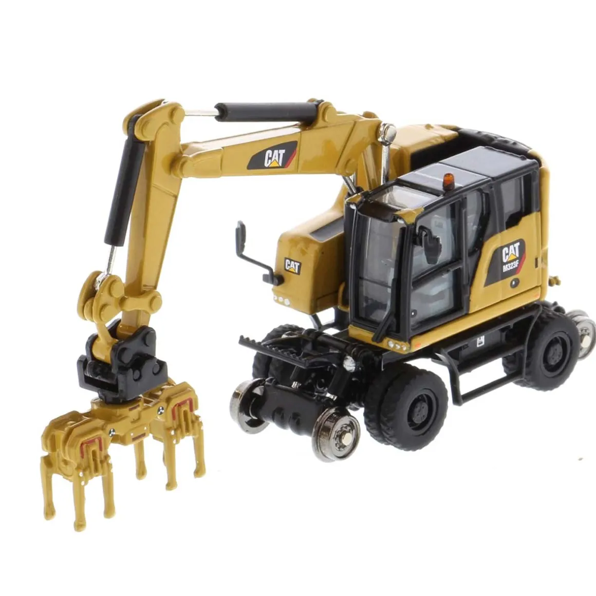 1/87 Caterpillar M323F Railroad Wheeled Excavator, CAT Yellow Version with 3 Tools