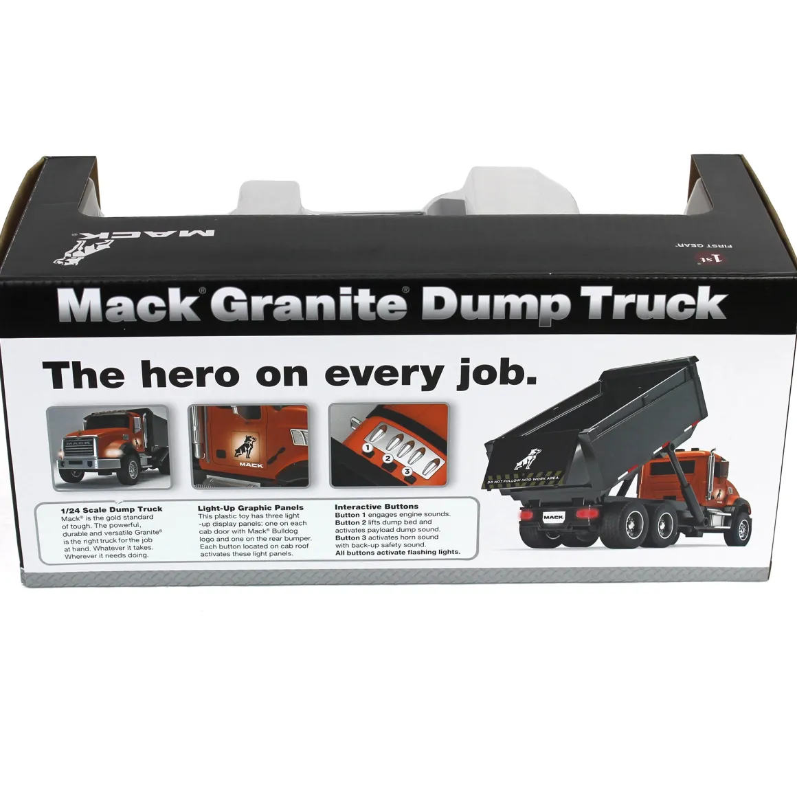 1/24 Durable Plastic Mack Granite Dump Truck with Lights & Sounds