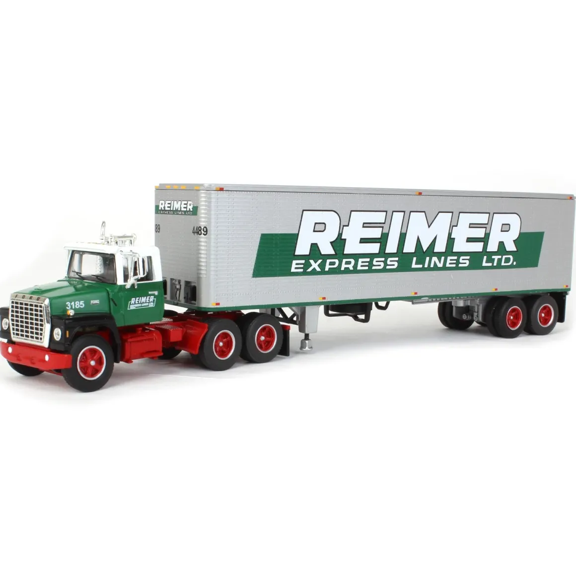 1/64 Green & Red Ford LN9000 with 40' Trailer, Reimer Express Lines, DCP by First Gear