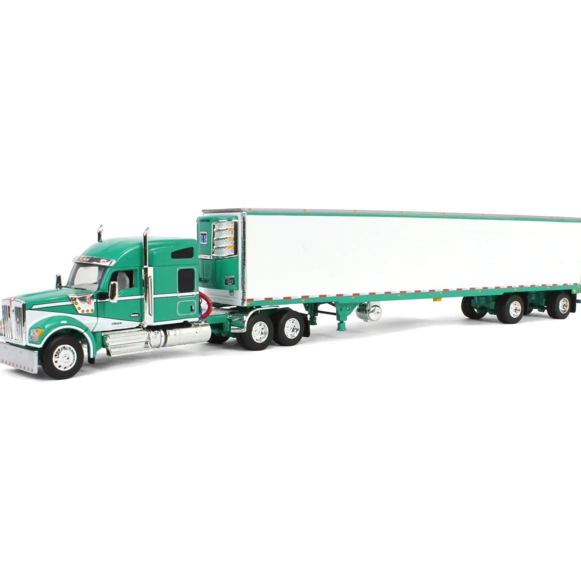 1/64 Green & White Kenworth W990 with Spread Axle Reefer Trailer, DCP by First Gear