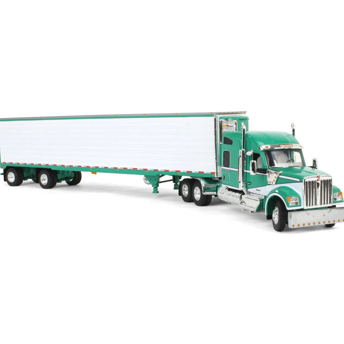 1/64 Green & White Kenworth W990 with Spread Axle Reefer Trailer, DCP by First Gear