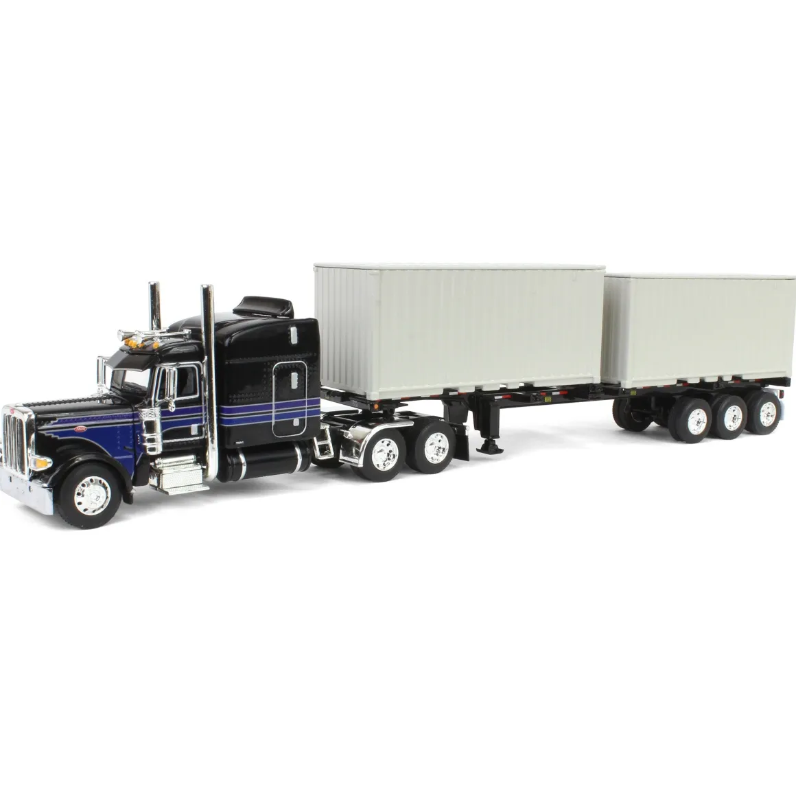 1/64 Jet Black Peterbilt 389 63in Mid-Roof Sleeper w/ Container Chassis & Two 20ft Containers, DCP by First Gear