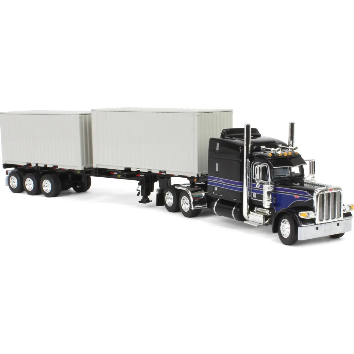 1/64 Jet Black Peterbilt 389 63in Mid-Roof Sleeper w/ Container Chassis & Two 20ft Containers, DCP by First Gear