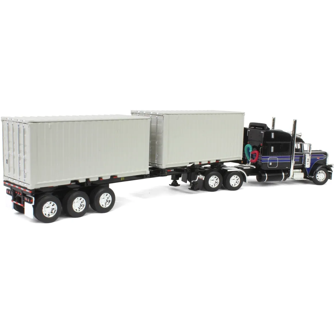 1/64 Jet Black Peterbilt 389 63in Mid-Roof Sleeper w/ Container Chassis & Two 20ft Containers, DCP by First Gear