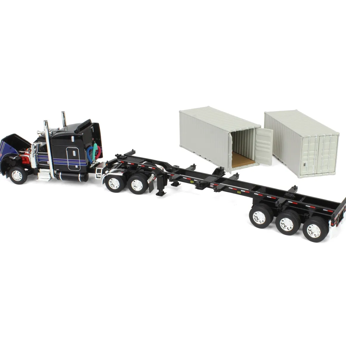 1/64 Jet Black Peterbilt 389 63in Mid-Roof Sleeper w/ Container Chassis & Two 20ft Containers, DCP by First Gear