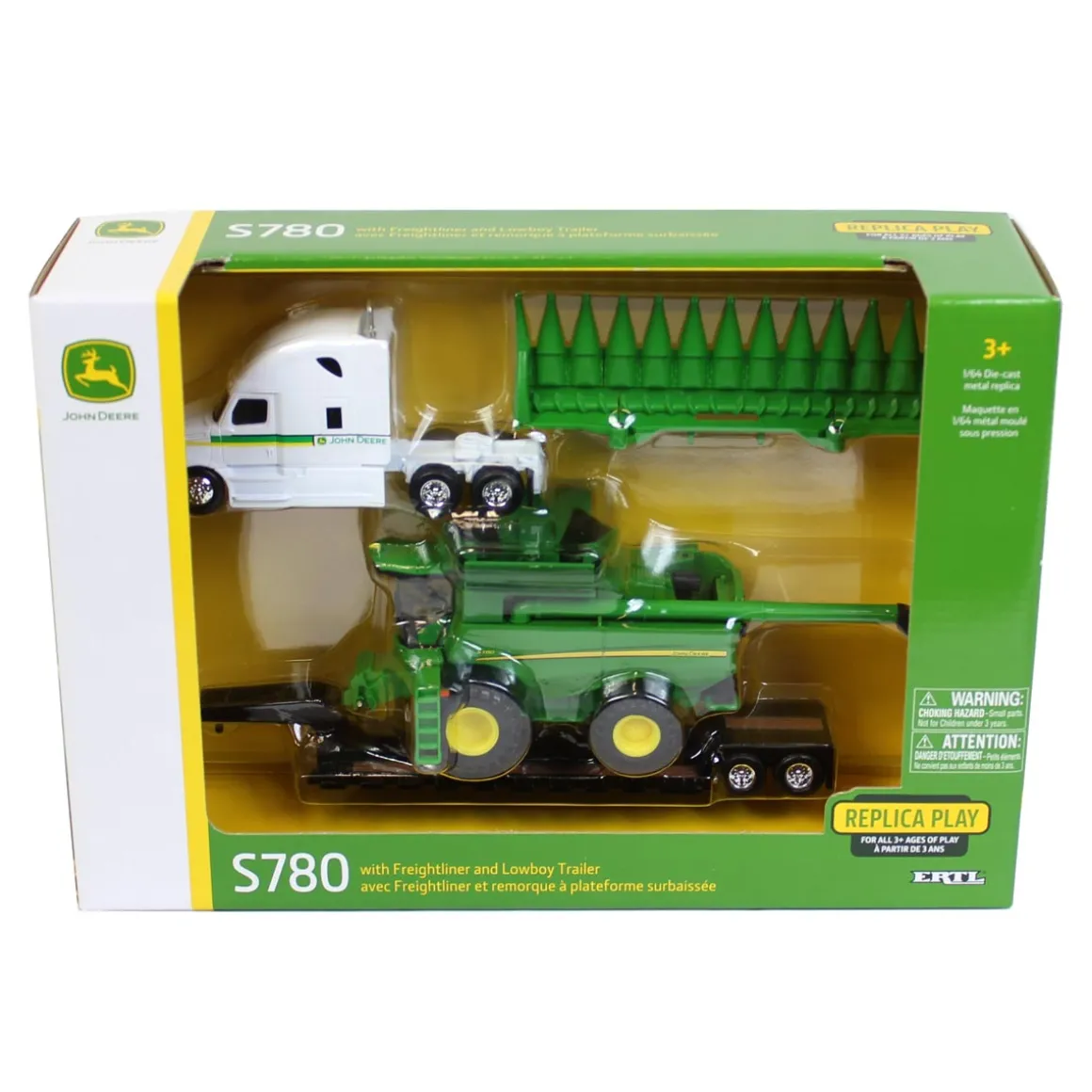 1/64 John Deere Freightliner Semi w/ S780 Combine & Lowboy Trailer